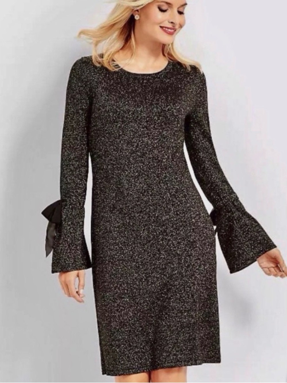 Talbots Sparkle Black Merino Wool Flared Sleeve w Tie Cuffs Dress, Large Petite